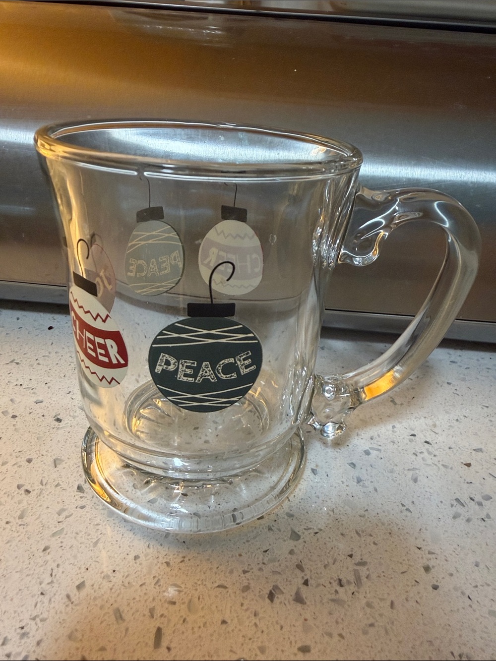 Libbey Clear Glass Holiday Mug with Red and Green Ornament Graphics